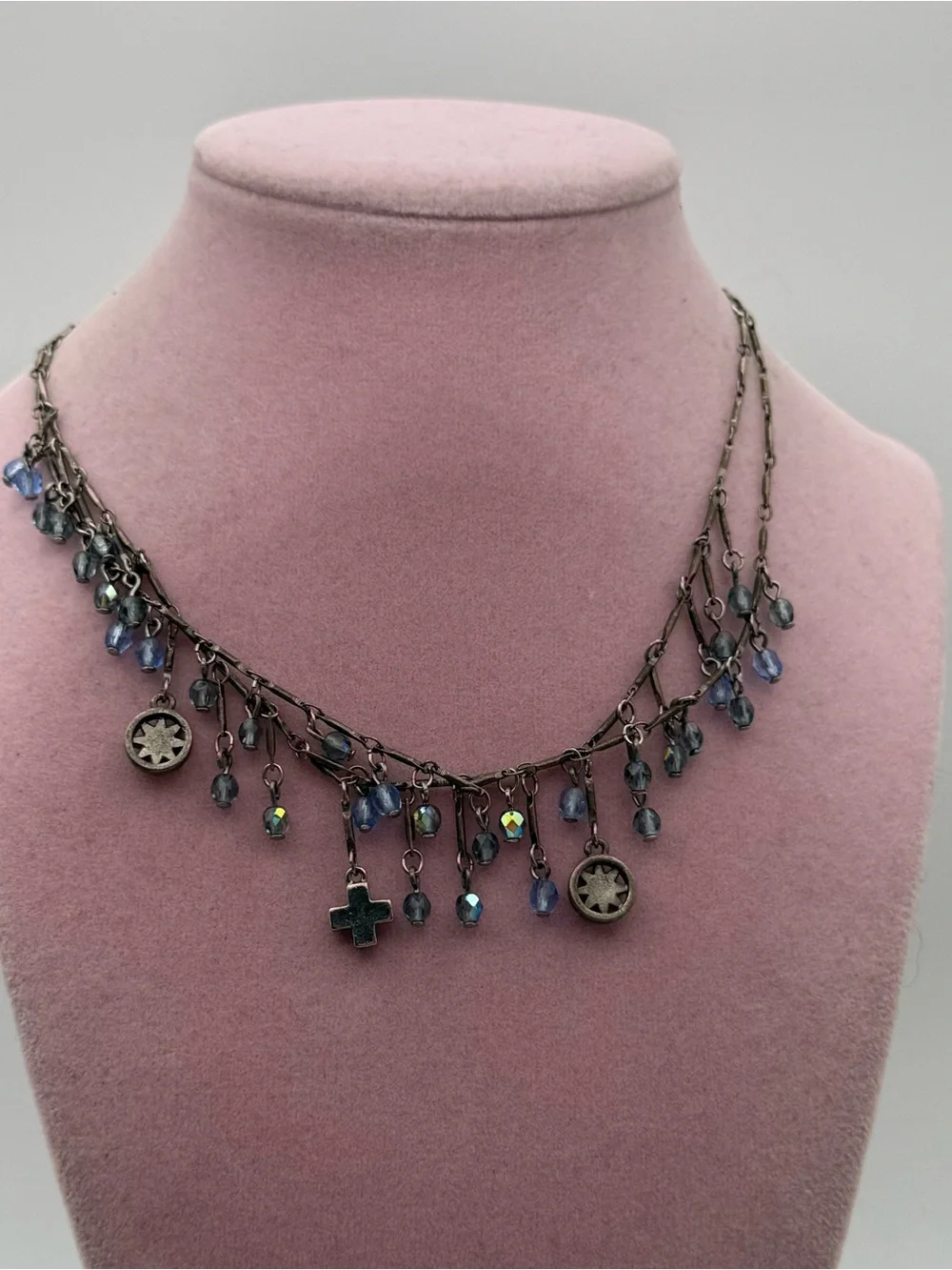 Vintage multi layered Delicate Blue Crystal Charm Necklace - Unbranded